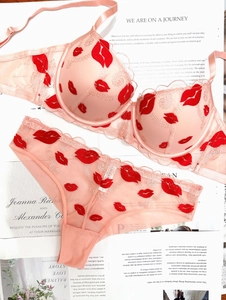 Detail of light pink lace lingerie set with red lip embroidery and scalloped edges