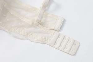 Detail eines beigen Spitzen-BHs mit Punkt-Mesh und vierreihigem Hakenverschluss hinten
