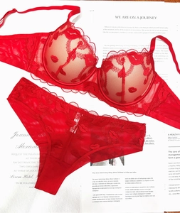 Detailed view of red lace lingerie set with kiss lip embroidery and mesh fabric