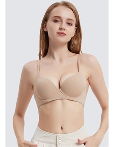 Detail of skin-tone seamless plunge bra with thin straps for a minimalist smooth look