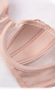 Close-up of lace mesh edges and rabbit ear padding in thin pink bra set