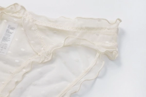 Dettaglio slip in pizzo a rete trasparente con motivo jacquard a pois e volant fini