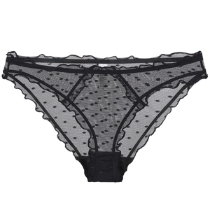 Mutandine sexy in mesh e pizzo per donna in nero a pois bianchi con bordi arricciati