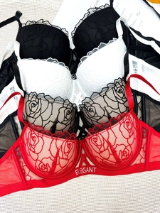 Detail of elegant rose lace bras in red, white and black featuring mesh embroidery