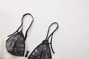 Close-up of contrast lace stitching and delicate floral patterns on a wireless bra