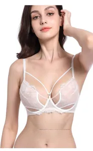 Detailed close-up of white 3/4 cup lace bra featuring delicate floral mesh and eyelash trim