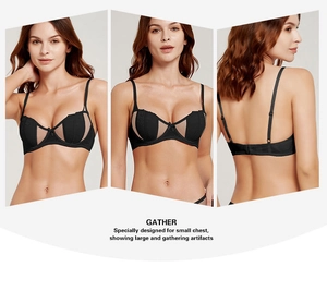 Three-way view of a black lace gather bra with transparent mesh and bow detail
