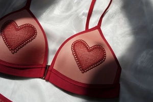 Detail of pink mesh bra with red heart lace trim and convenient front buckle closure