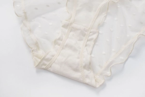 Dettaglio slip in rete bianca a pois con tassello in cotone e bordo in pizzo delicato