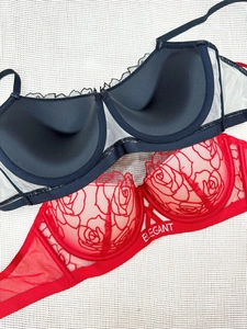 Detail of red rose embroidery and black lace bra with Elegant lettering on waistband
