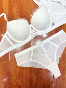 Detailed view of white floral lace lingerie set with ELEGANT branded strap and net mesh fabric