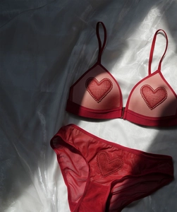 Detalle de conjunto de lencería roja con bordado de corazón sobre seda blanca brillante