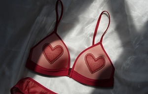 Detalle de bordado de corazón rojo en copas triangulares de malla con cierre frontal