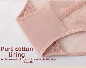 Detail of soft lace panties featuring a breathable 100% cotton crotch lining for comfort