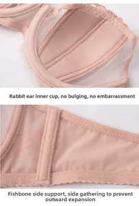 Detailed view of lace bra with bunny ear cups and side bone support for lifting
