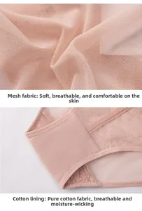 Dettaglio del pizzo a rete e fodera in cotone su slip beige a vita bassa da donna