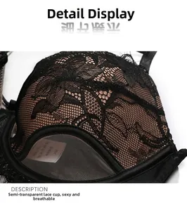 Detail of semi-transparent black floral lace cup with breathable mesh for women