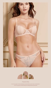 Close-up of elegant French lace bra and matching panties in soft nude pink tones