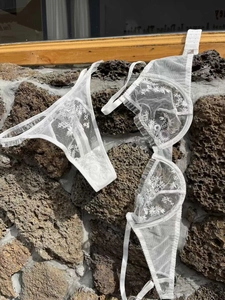 Gros plan détaillé de la broderie florale blanche sur un ensemble de lingerie en mesh