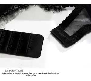 Detail of adjustable straps and four-row back closure on black lace lingerie