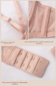 Detail view of adjustable straps, side boning, and four-row hook-and-eye closure on pink bra