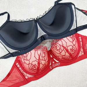 Lace bra set with rose floral embroidery and elegant push-up mesh lingerie for women
