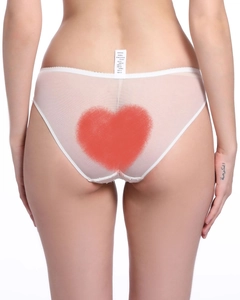 Rear view of mesh panties with red heart print and sheer breathable fabric texture