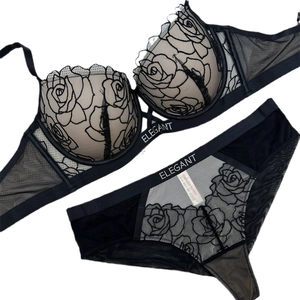 Lingerie set with black lace rose embroidery and Elegant rhinestone push-up bra and panty