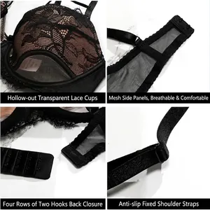 French lace bra for women featuring hollow-out transparent cups and breathable mesh sides