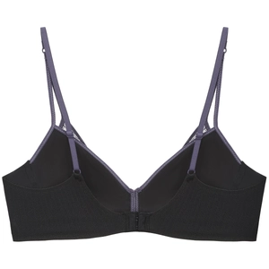 Detail of lace triangle cup bra with purple straps and three-row back hook closure