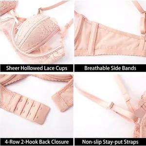 Lace bra set in pink featuring rabbit ear lace cups and breathable side wing support