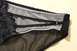 Close-up of black floral lace and mesh detail on sheer low-rise cotton crotch underwear