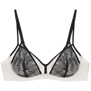 French lace bralette with black floral patterns and white base in a wire-free design