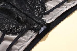 Detailed macro view of black floral lace and mesh texture on women's low-waist panties