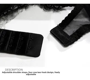 Détails des bretelles réglables et de l'attache à 4 rangées sur lingerie en dentelle noire