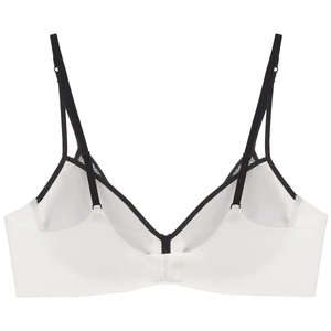 Detail view of white lace bra back showing black adjustable straps and double hook closure
