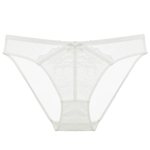 French style white lace panties with mesh panels and a cute bow on minimalist background