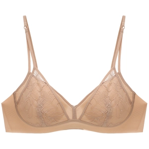 Lace bralette in champagne beige featuring delicate floral patterns and thin straps