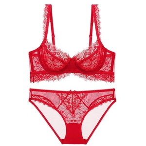 French style sexy red lace lingerie set with underwire bra and matching mesh panties