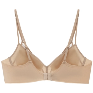 Detail view of the nude wireless bra back with adjustable straps and hook-and-eye closure