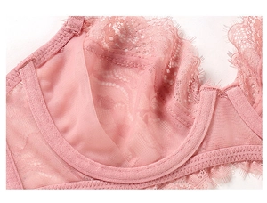 Detail of pink French lace bra showing semi-transparent mesh and eyelash trim embroidery