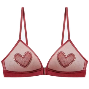 French style deep red lace triangle bralette with front closure and heart embroidery
