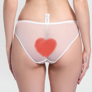Lace semi-transparent pink panties for women with red heart print and cotton crotch
