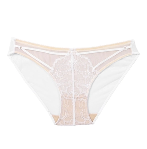 White floral lace panties with sheer mesh and hollow waist straps on white background