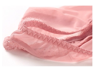 Close-up of pink sheer mesh fabric with delicate wavy edge stitching on lace bra