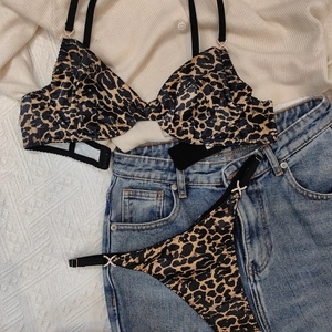 French style leopard print lingerie set with rhinestone accents and thin elastic straps