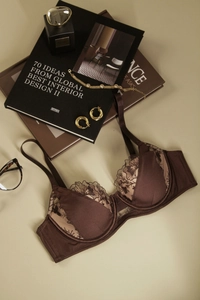 Détail de la broderie en dentelle marron foncé et des bonnets en satin du soutien-gorge