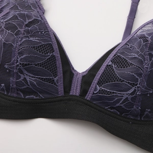 French lace purple non-wired bra set featuring detailed floral lace and mesh fabric