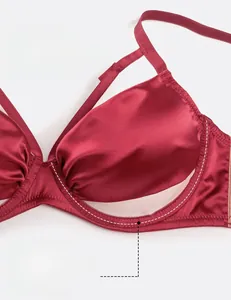 Detailed macro view of glossy red satin fabric and wire support on a sexy lace bra