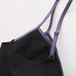 French style thin lace bra with purple adjustable straps and black seamless knit fabric